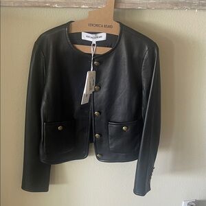 Veronica Beard Black Leather Jacket with Gold Buttons